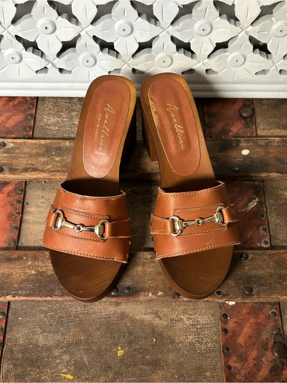 Avellini Made in Italy Brown Leather Wooden Clog Mule Heels Size 8